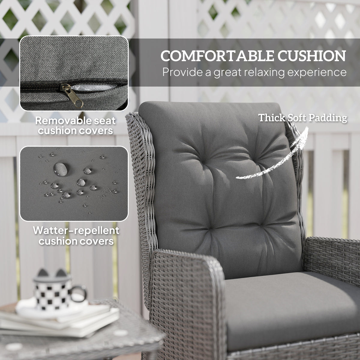 Outsunny 5 Pieces Rattan Bistro Set with Adjustable Back, Reclining Wicker Balcony Furniture with Cushions, Glass Top Coffee Table and Footstools, Outdoor Table and Chairs, Light Grey