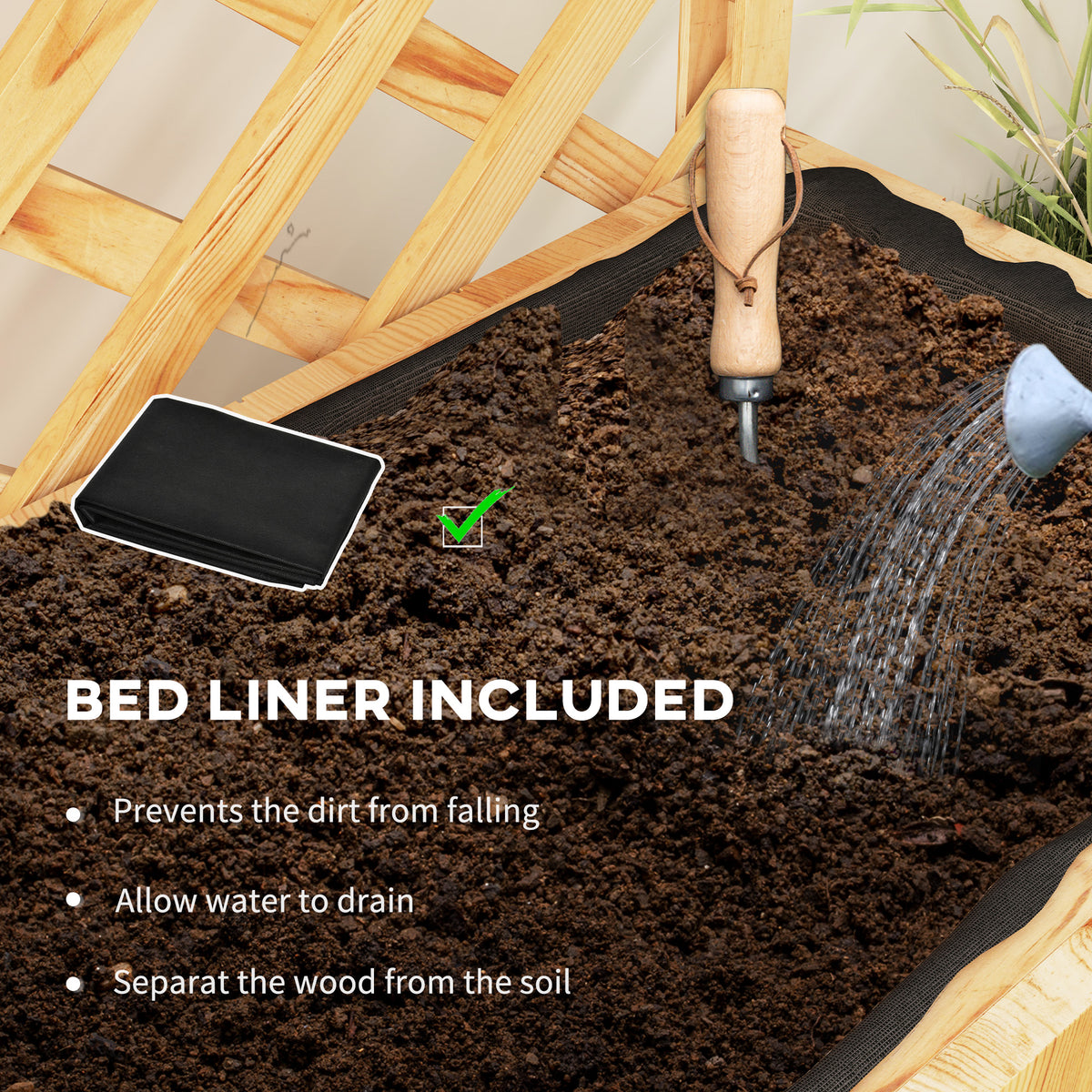 Planter bed with black liner separating soil from the wooden frame
