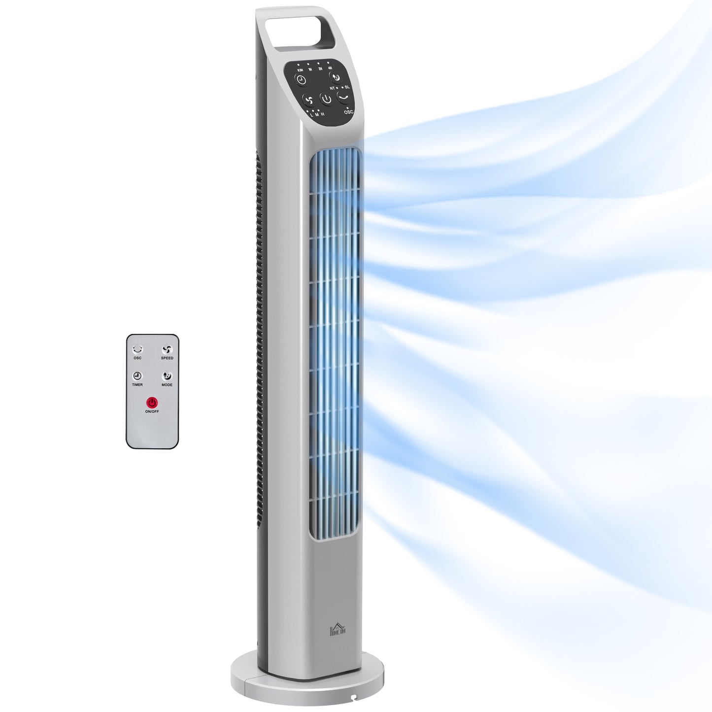 Photo of HOMCOM 31" Oscillating Tower Fan with Remote Control, 4H Timer, 3 Speed 3 Modes, Quiet Electric Floor Standing Fan for Home Bedroom Office, Silver in Silver colour on a white background