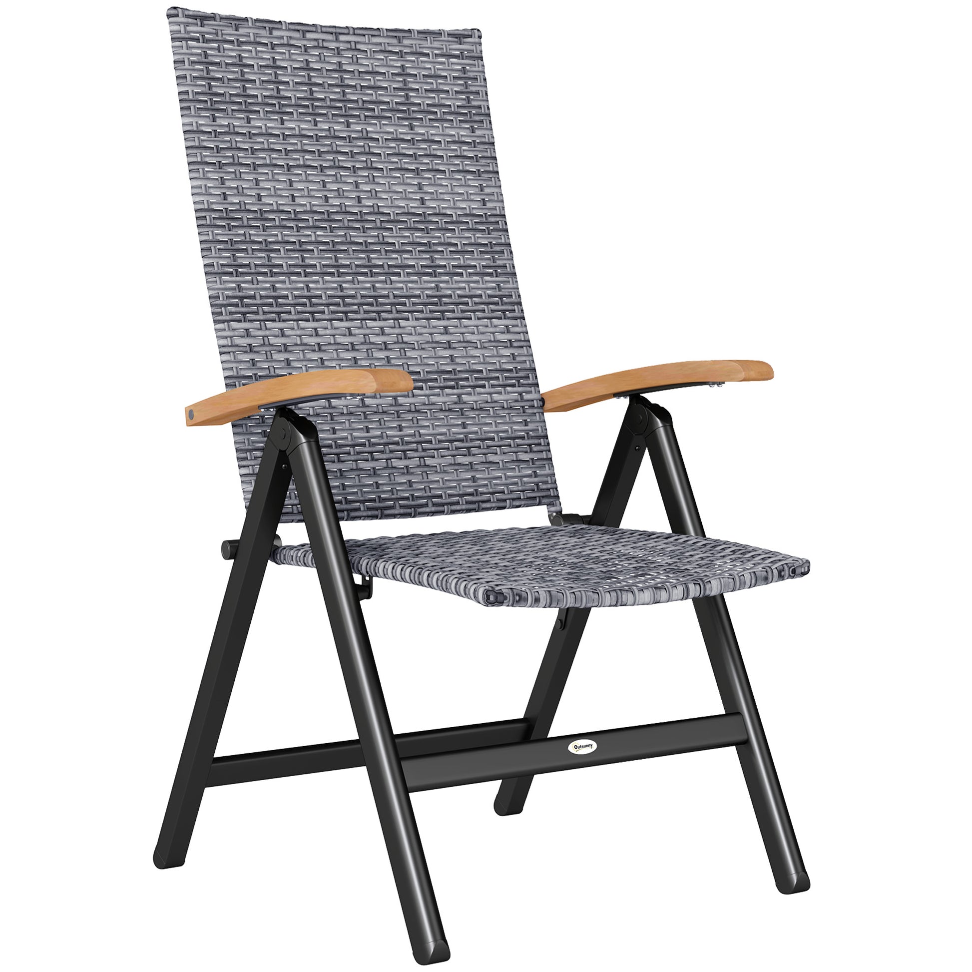 Photo of Outsunny Folding Rattan Garden Dining Chair with 5-level Reclining High Back, Wood Armrests for Outdoor, Patio - Light Grey in Grey colour on a white background