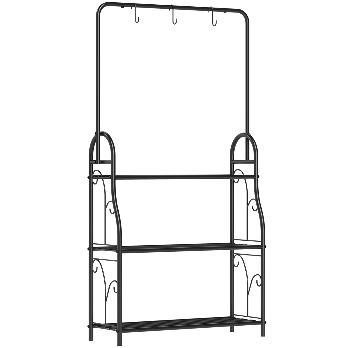 Outsunny black metal plant stand with three shelves, a hanging rod, and three hooks