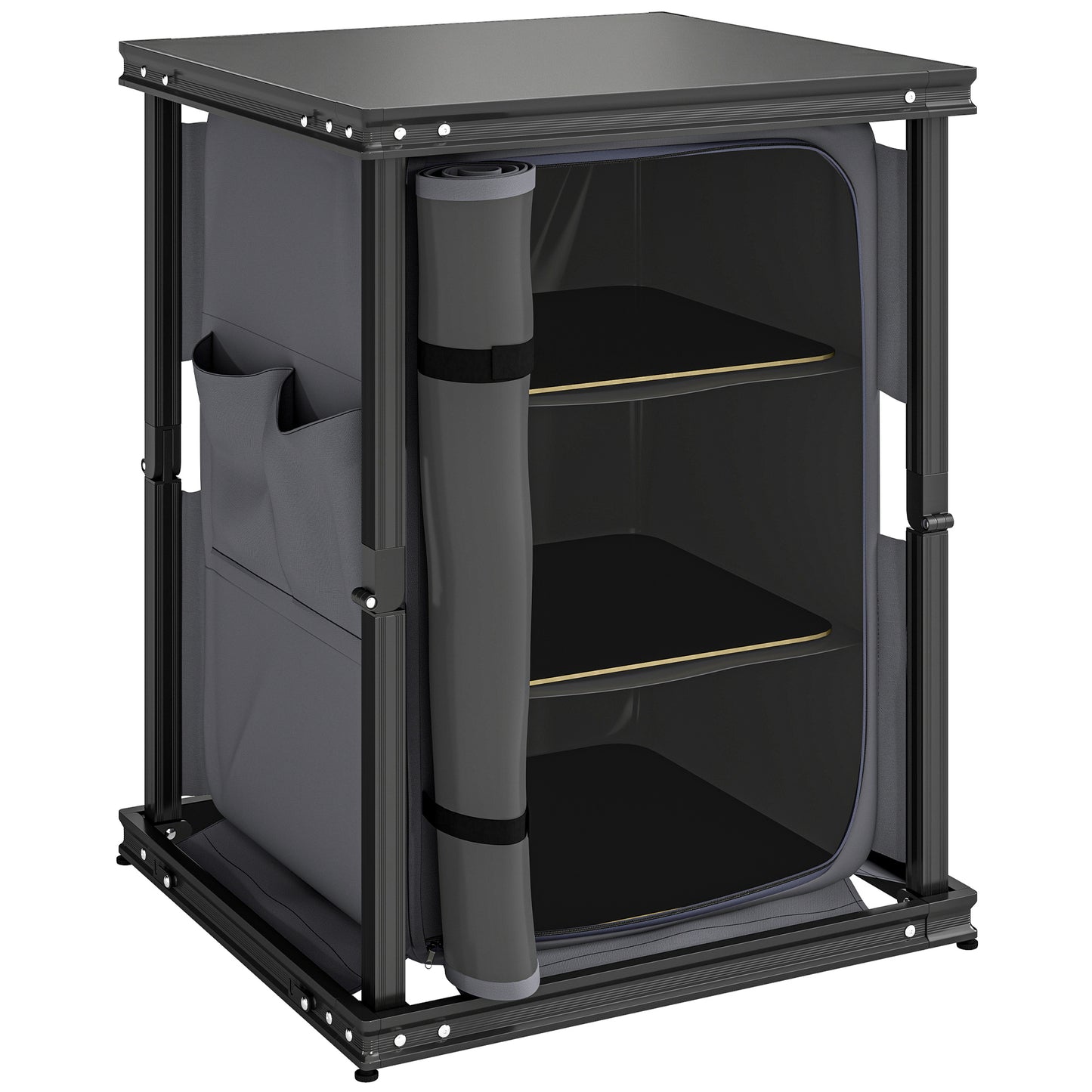 Photo of Outsunny Camping Camping Cupboards, Folding Portable Kitchen Table with 3-Tier Storage, Black in Black colour on a white background