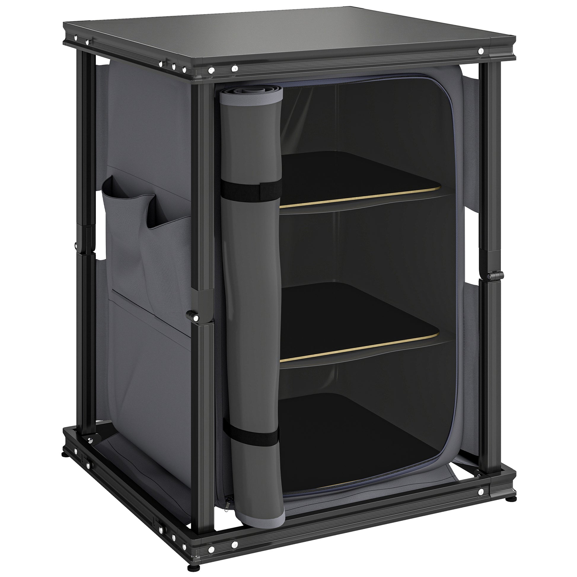 Photo of Outsunny Camping Camping Cupboards, Folding Portable Kitchen Table with 3-Tier Storage, Black in Black colour on a white background