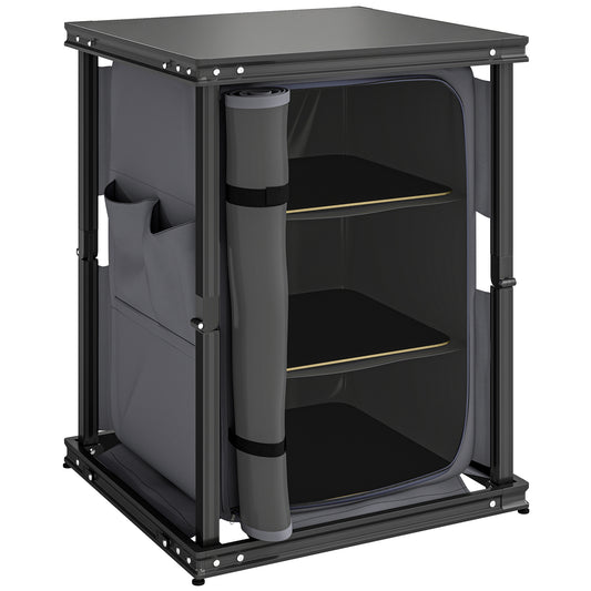Photo of Outsunny Camping Camping Cupboards, Folding Portable Kitchen Table with 3-Tier Storage, Black in Black colour on a white background