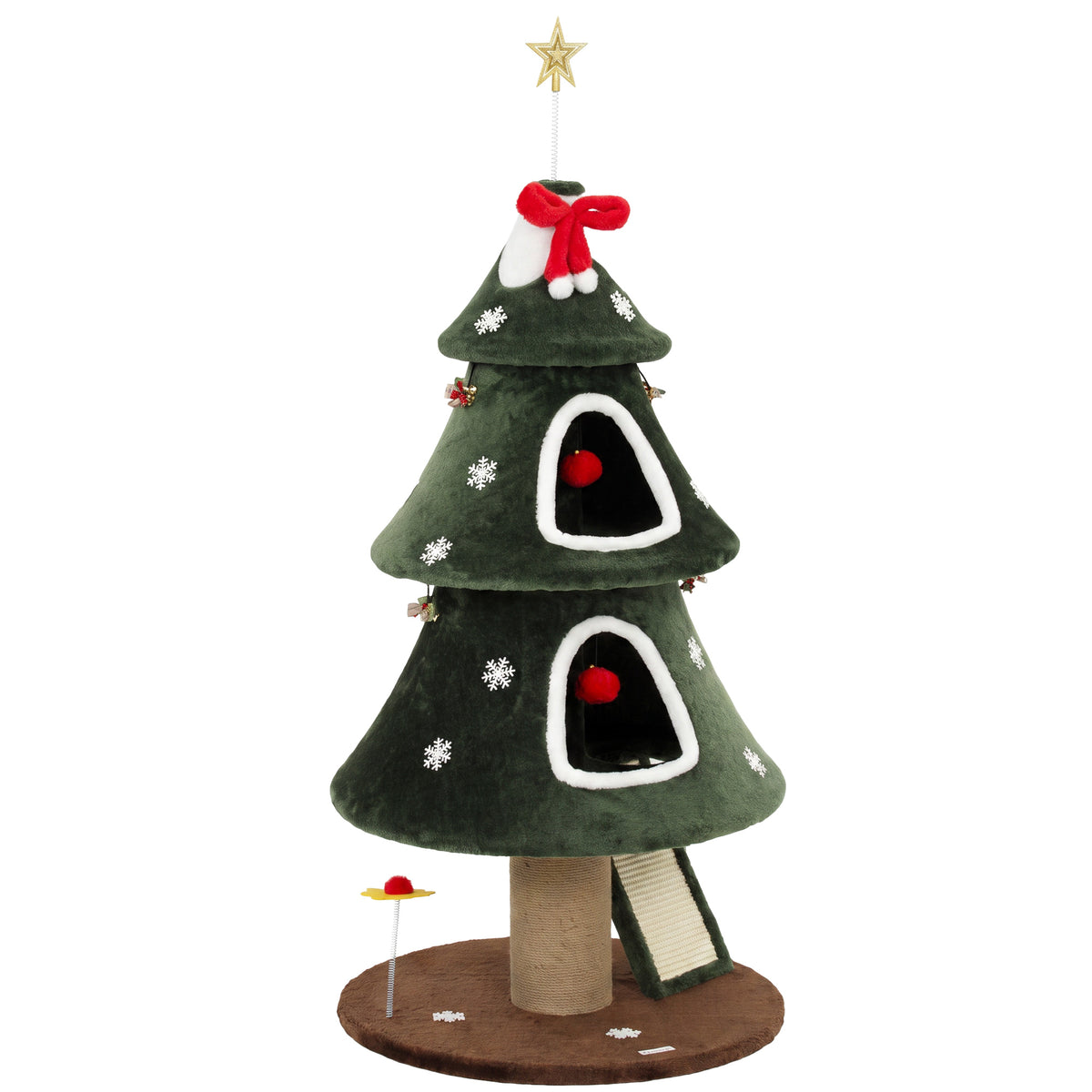Photo of PawHut Cat Tree, Christmas Cat Tower with Dual Condos, Sisal Ladder, Jute Posts, Anti-Tip Rope, Hanging Balls, 60 x 60 x 132 cm in cm colour on a white background
