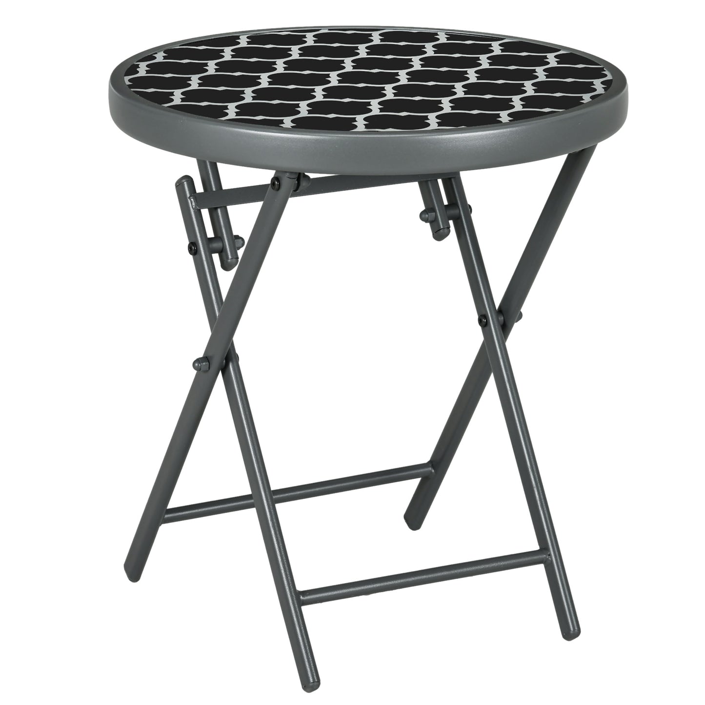 Photo of Outsunny Φ45cm Garden Side Table, Outdoor Round Folding Patio Table with Imitation Marble Glass Top, Small Coffee Table, Black and White in White colour on a white background