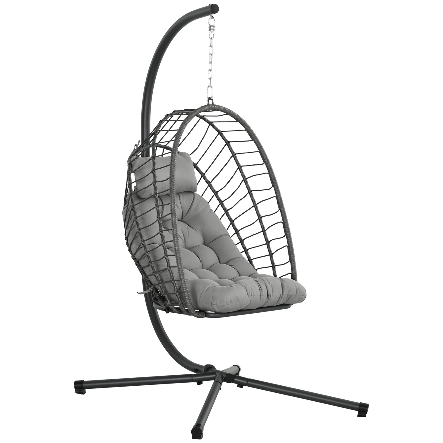 Photo of Outsunny Outdoor PE Rattan Swing Chair with Foldable Basket and Cushion, Garden Patio Hanging Egg Chair with Metal Stand, Headrest for Indoor and Outdoor, Light Grey in Grey colour on a white background