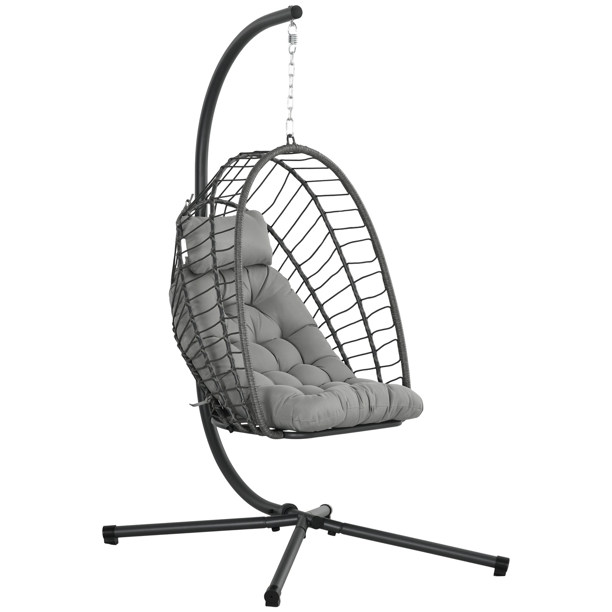 Photo of Outsunny Outdoor PE Rattan Swing Chair with Foldable Basket and Cushion, Garden Patio Hanging Egg Chair with Metal Stand, Headrest for Indoor and Outdoor, Light Grey in Grey colour on a white background