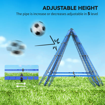 Blue football rebounder angled into a steep A-frame position for adjustable rebounds