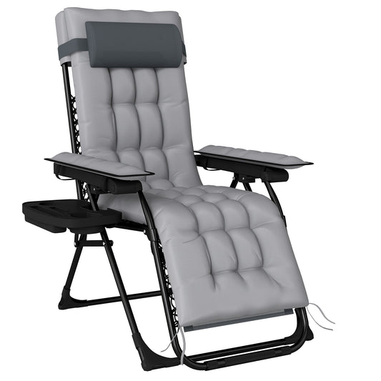 Photo of Outsunny Zero Gravity Chair, Folding Sun Lounger Reclining Garden Chair with Arm Pads, Cushion, Cup Holder, Headrest, Light Grey in Grey colour on a white background