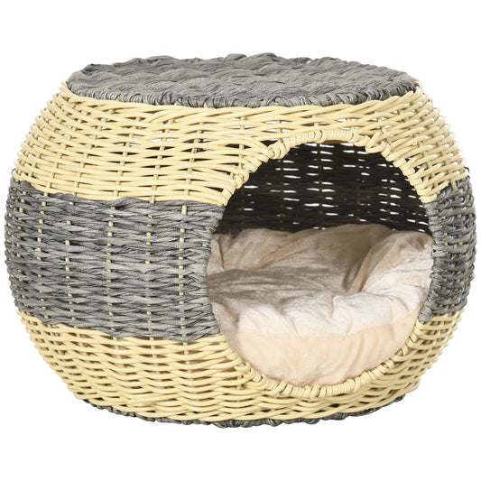 Photo of PawHut Wicker Cat House, Rattan Raised Cat Bed, Cosy Kitten Cave with Soft Washable Cushion, Φ40 x 30cm in 30cm colour on a white background