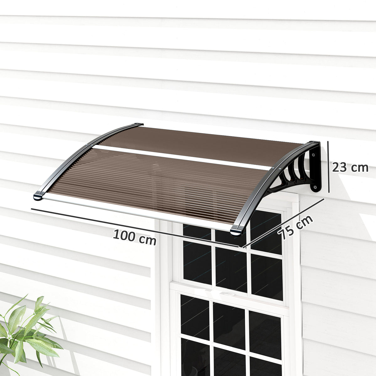 Brown polycarbonate door canopy with dark supports, shown with 100 x 75 cm dimensions.