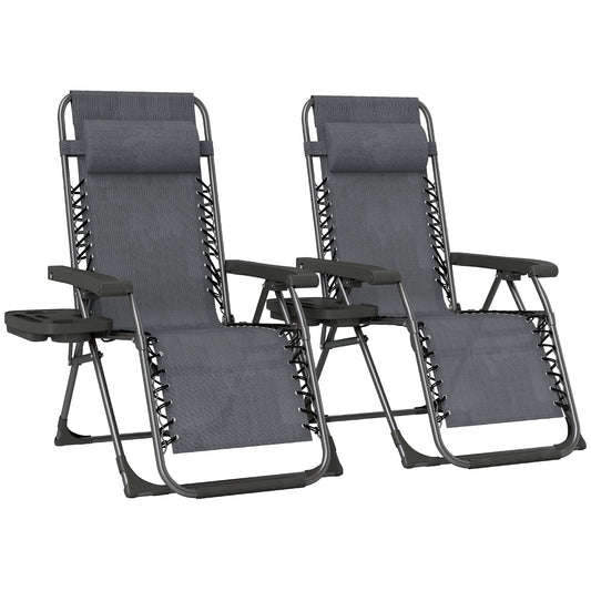 Photo of Outsunny Zero Gravity Chairs Set of 2, Folding Sunloungers Reclining Garden Chairs with Cup Holder, Headrest, Dark Grey in Grey colour on a white background