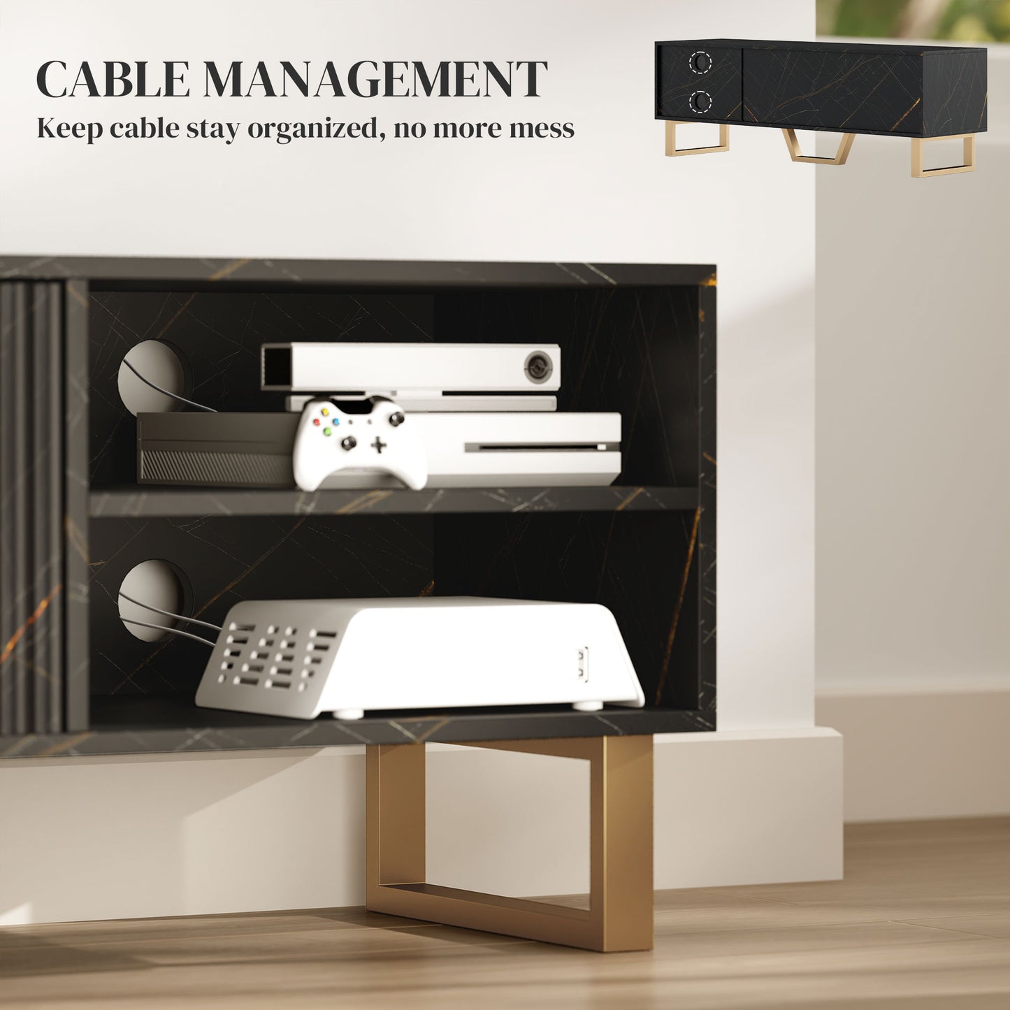 HOMCOM Marble Effect TV Unit, TV Stand Cabinet for up to 70" TVs, Modern TV Cabinet with Shelves and Storage Cupboard, Fluted Door, Extra Centre Leg, Cable Management for Living Room, Black