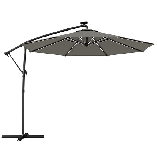 Photo of Outsunny 3 m Garden Cantilever Parasol with LED Solar Light, Round Overhanging Umbrella with 360° Rotation, Cover, Grey in Grey colour on a white background