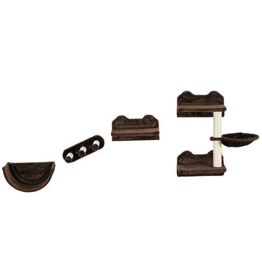 Photo of PawHut 4PCs Wall-Mounted Cat Shelves w/ Scratching Post, Hammock, Nest - Brown in Brown colour on a white background