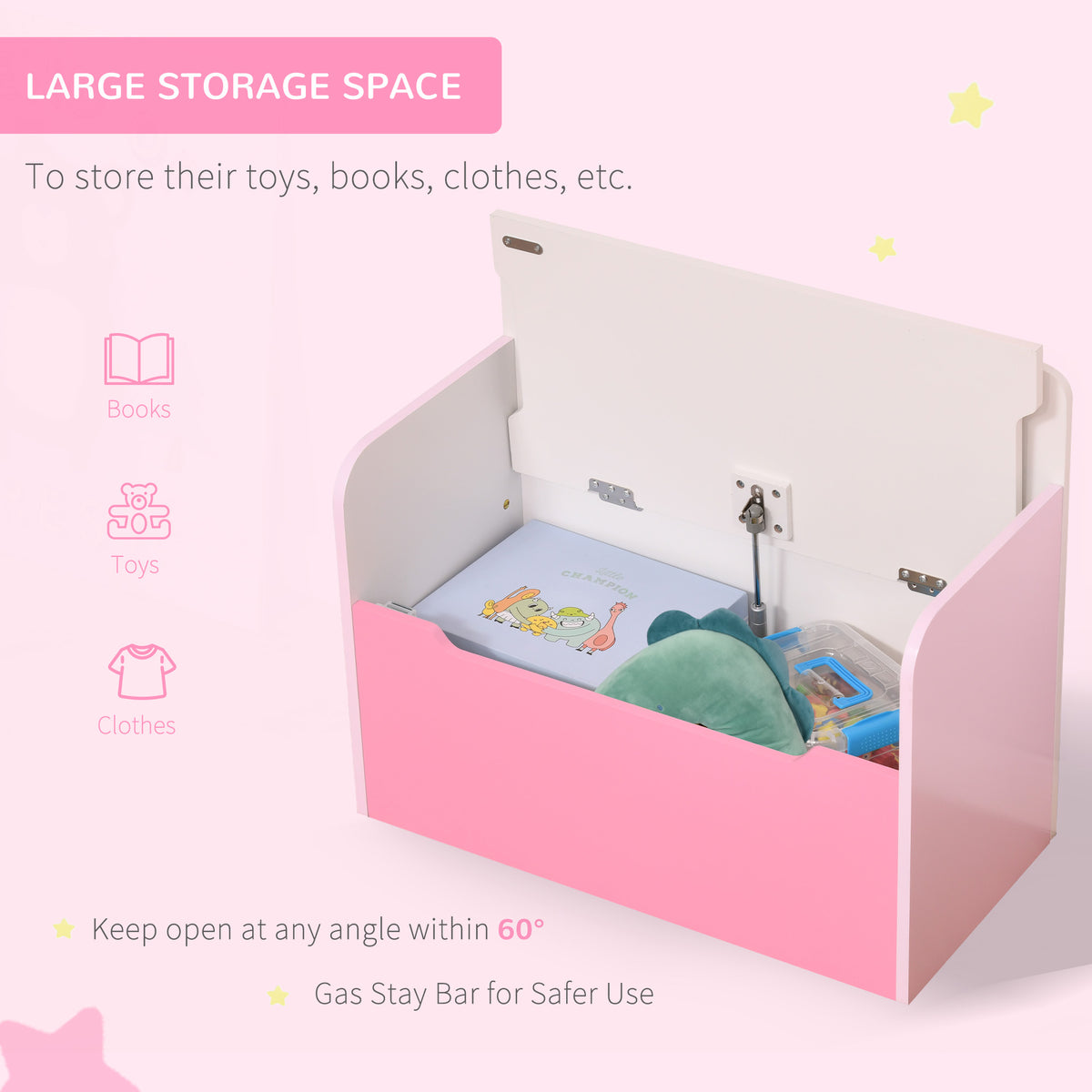 Open pink toy chest bench showing storage space and safety support hinge.