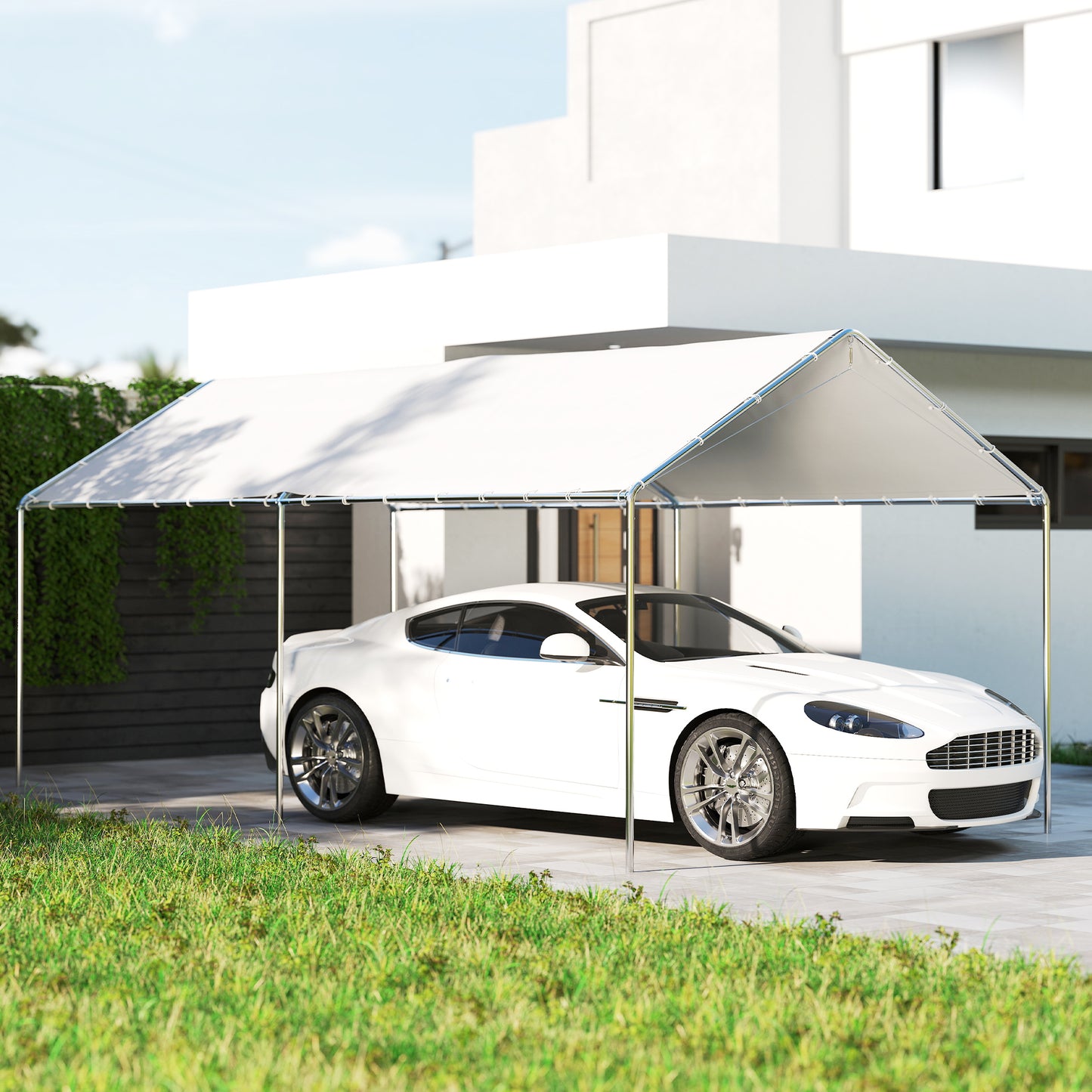 Outsunny 3 x 6m Heavy Duty Carport Garage Car Shelter Galvanized Steel Outdoor Open Canopy Tent Water UV Resistant Waterproof, White