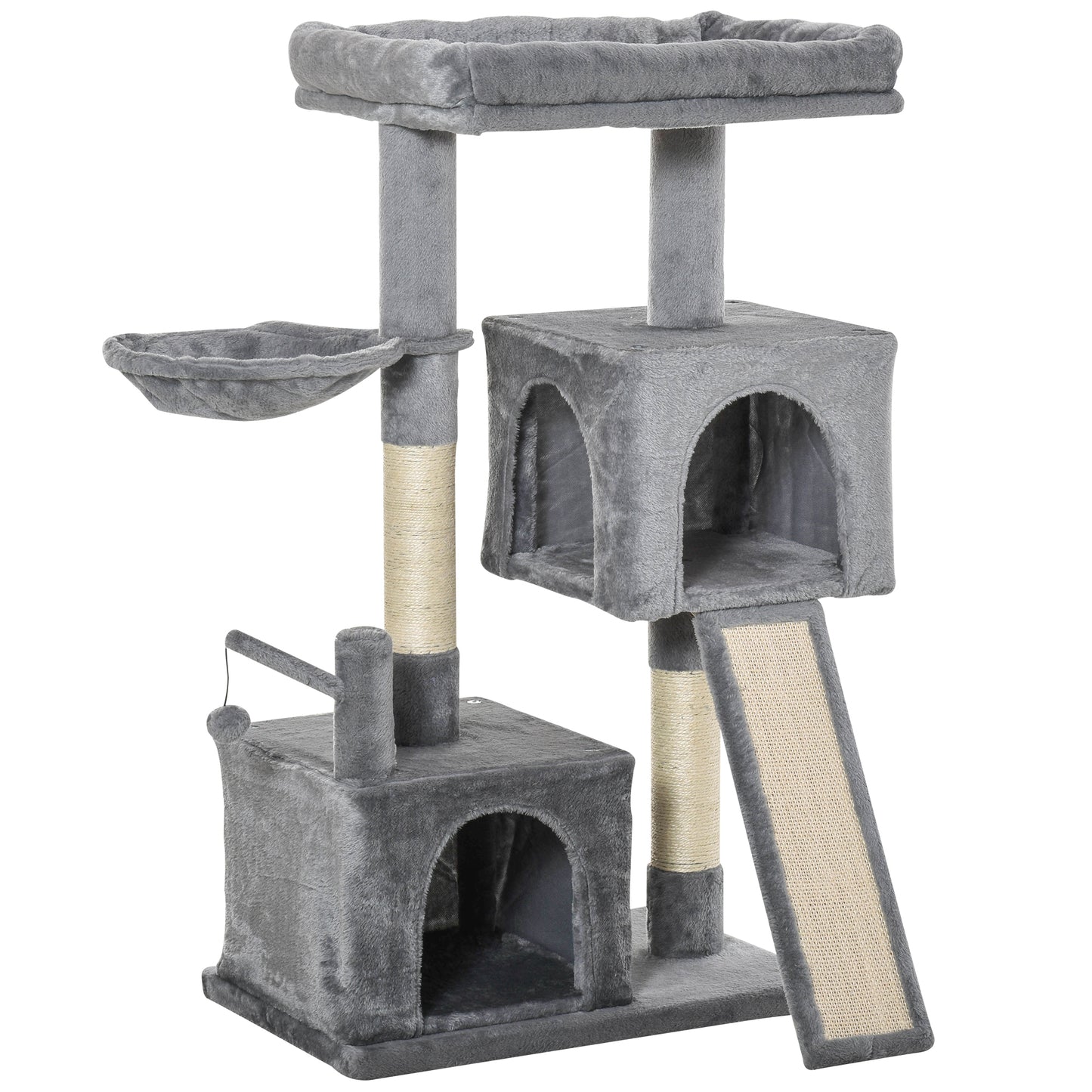 Photo of PawHut Cat Tree Tower for Indoor Cats, 111cm Kitten Activity Centre with Scratching Post Pad Hammock Condo Bed Ball Toy, Grey in Grey colour on a white background