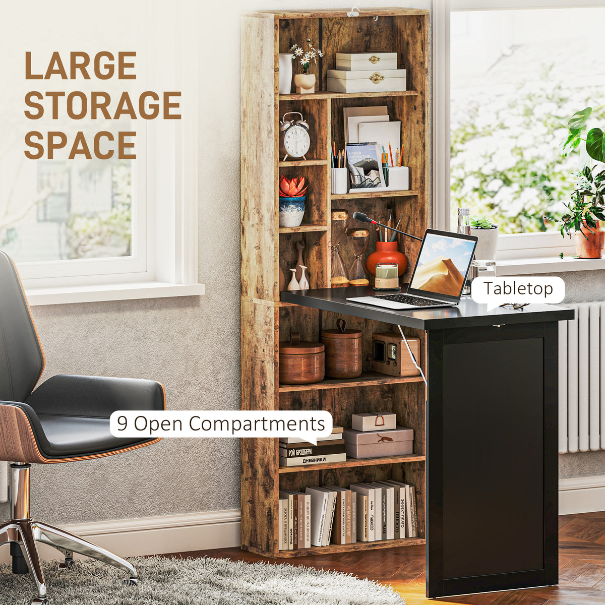 Folding desk with nine open storage compartments and a black work surface