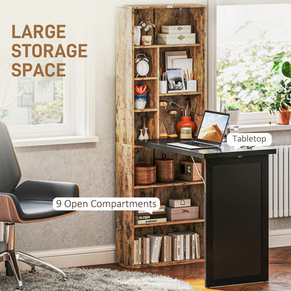 Folding desk with nine open storage compartments and a black work surface