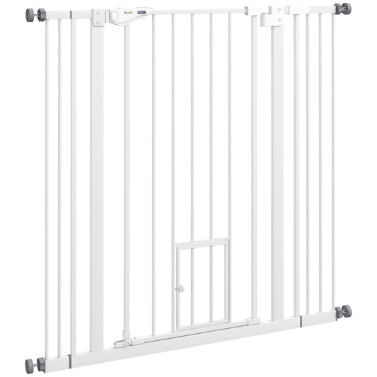 Photo of PawHut Extra Tall Pet Gate, Indoor Dog Safety Gate, with Cat Flap, Auto Close, 74-101cm Wide - White in White colour on a white background