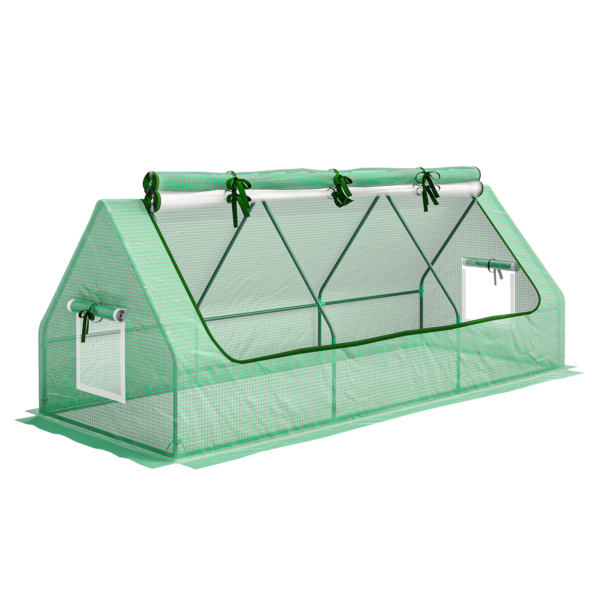 Photo of Outsunny Portable Small Polytunnel, Mini Greenhouse with Mesh Windows for Indoor and Outdoor, 240x90x90cm, Green in Green colour on a white background