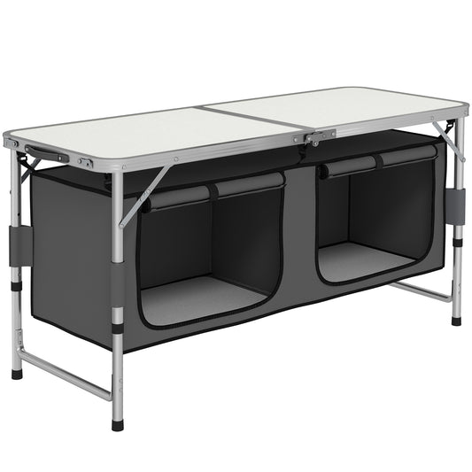 Photo of Outsunny 4ft Folding Camping Cupboard Kitchen, Height Adjustable Aluminium Camping Table with Storage, Lightweight Picnic Table for Outdoor Garden BBQ Party in Party colour on a white background