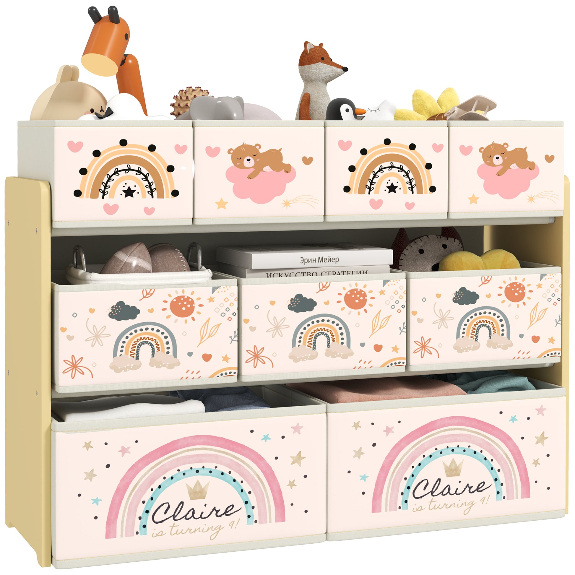 Photo of AIYAPLAY 3-Tier Kids Storage Unit with 9 Non-Woven Fabric Boxes for Toys, Books, for Bedroom, Nursery, Yellow in Yellow colour on a white background