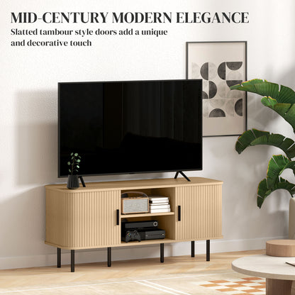 Slatted oak-tone TV stand with central shelves and side cupboards beneath a television