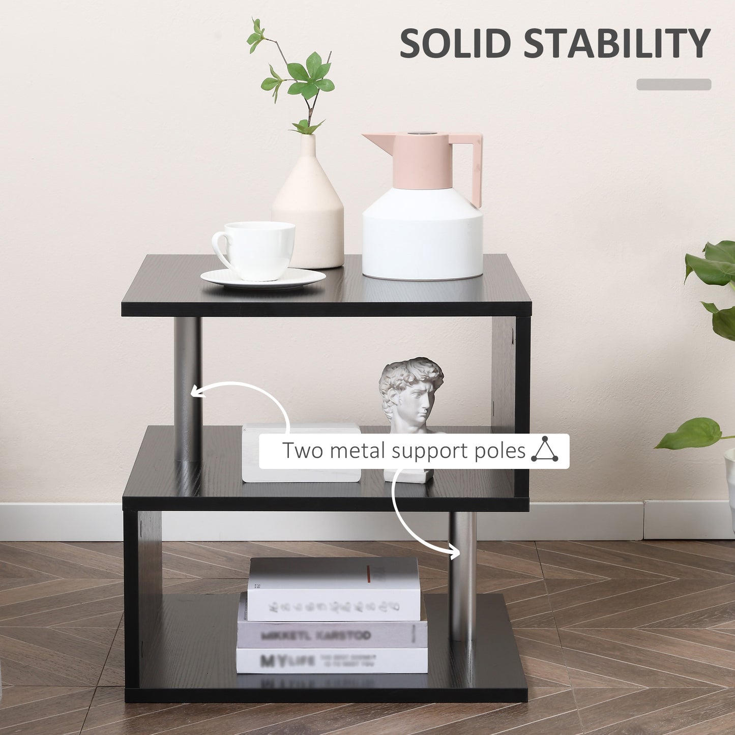 HOMCOM Wooden S Shape Cube Coffee Table 2 Tier Storage Shelves Organiser Office Bookcase Living Room End Desk Stand Display Set of 2 (Black)