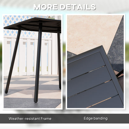 Outsunny table details showing its weather-resistant steel frame and edged slatted top