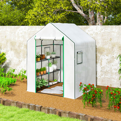Walk-in greenhouse with white cover, green frame, open front and side window