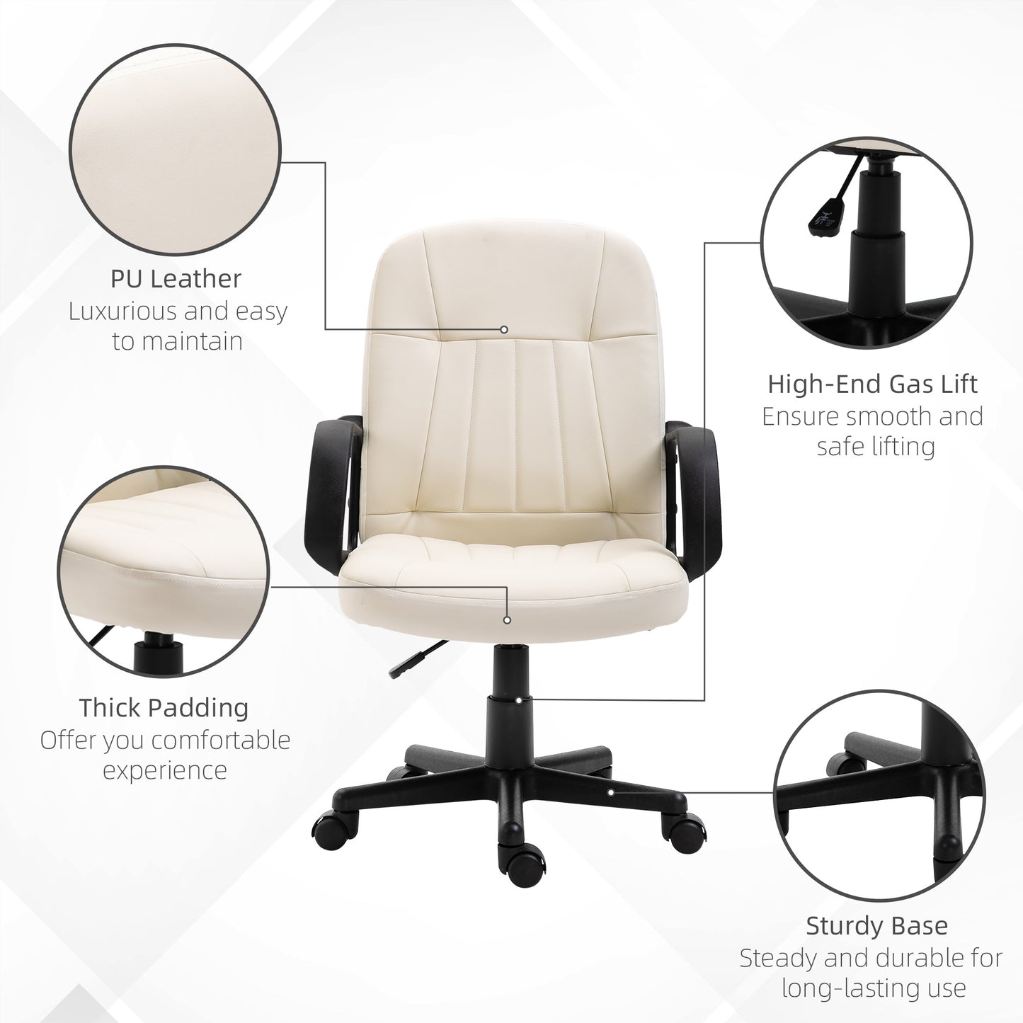 HOMCOM Desk Chair, PU Leather Computer Office Chair with Adjustable Height, Swivel Wheels for Home Work Study, Cream White