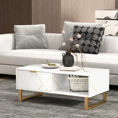 HOMCOM white marble-effect coffee table with fluted drawer, open shelf, and gold-tone legs