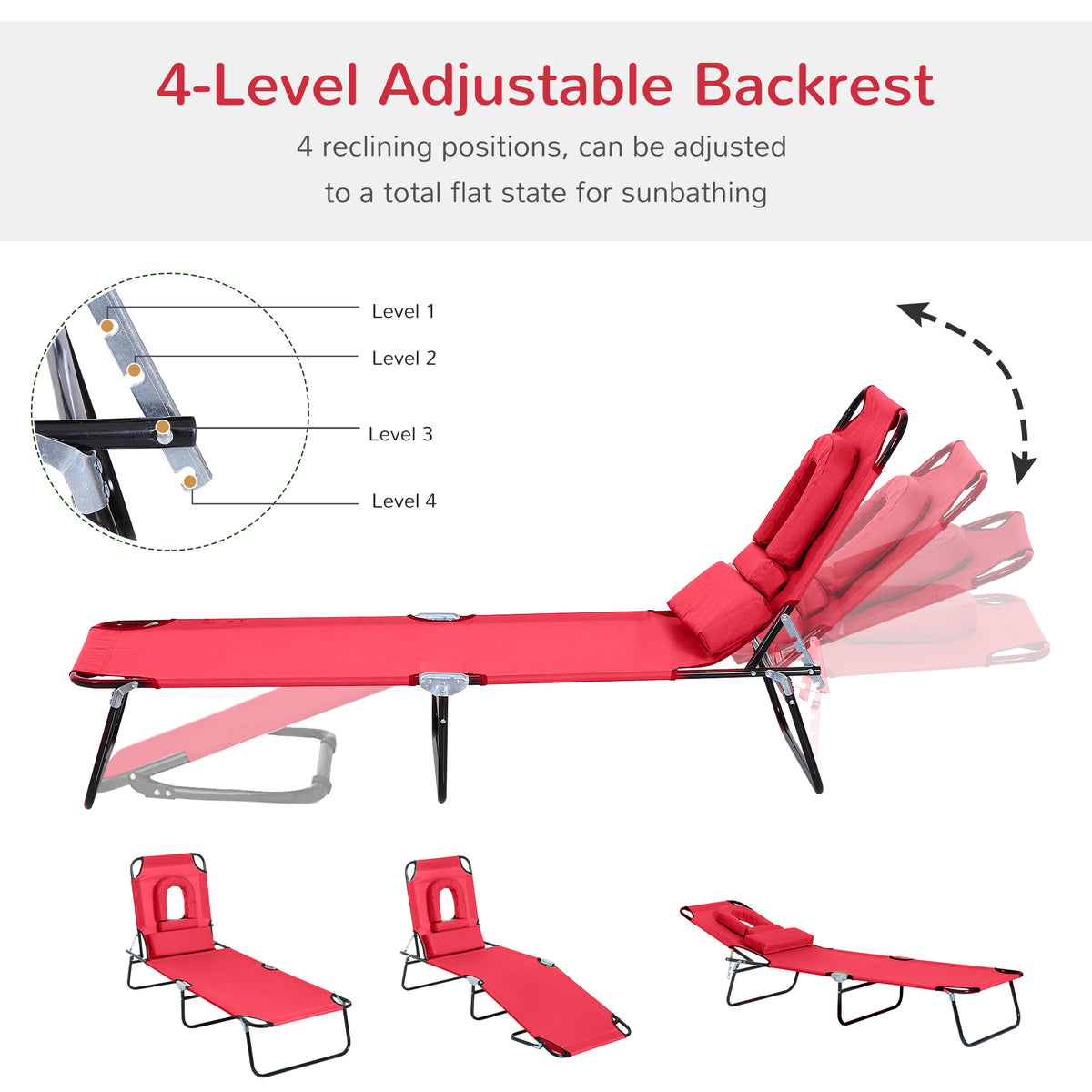 Outsunny Folding Sun Lounger with Face Hole, 4-Position Adjustable Backrest Garden Recliner Chair Sunbed, Outdoor Lounge Chair with 600 D Oxford Cloth Seat, Pillow for Beach, Red