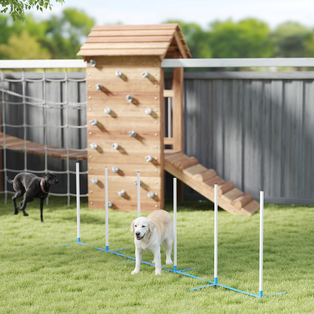 PawHut six-pole dog agility weave set arranged on grass