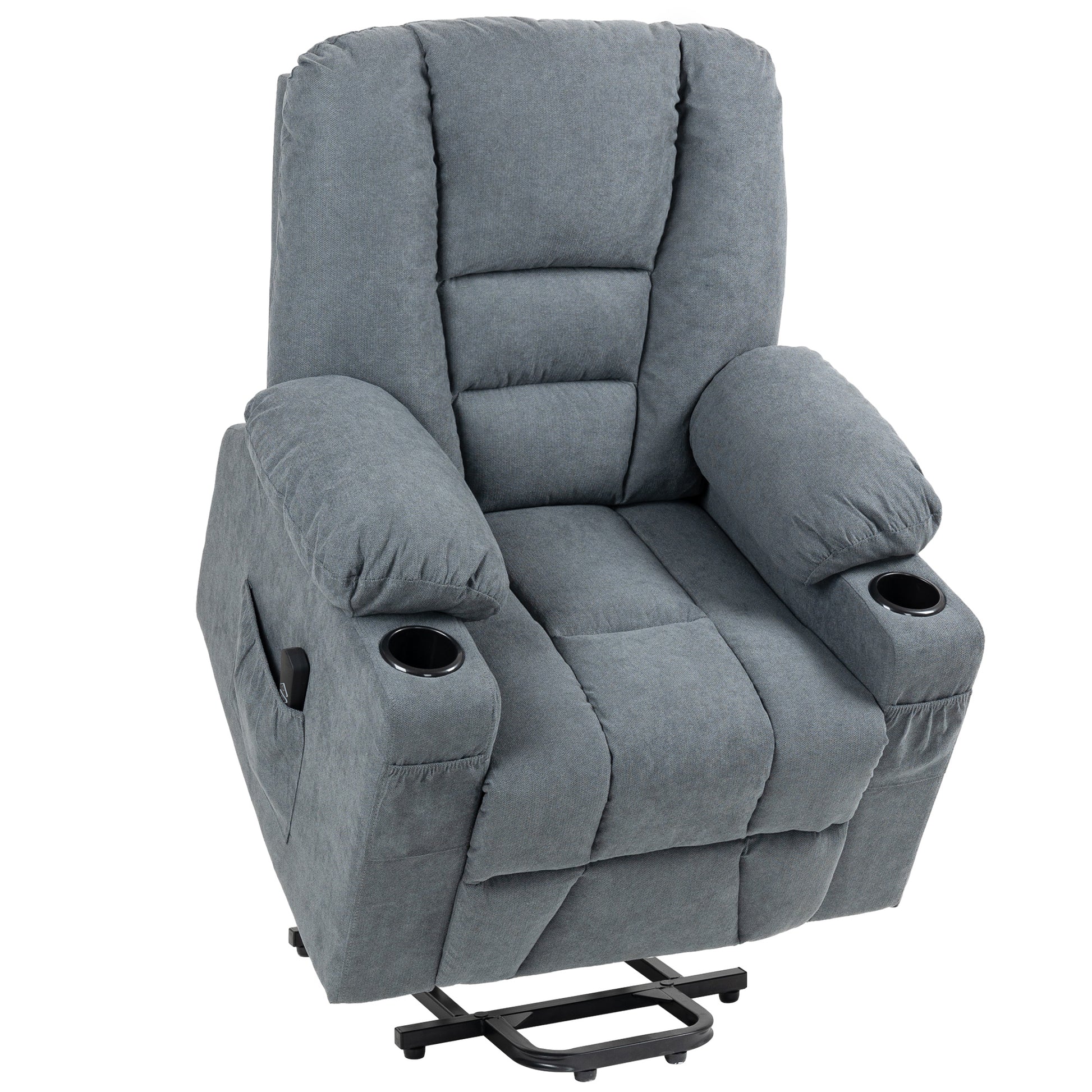 Photo of HOMCOM Oversized Riser and Recliner Chairs for the Elderly, Fabric Upholstered Lift Chair for Living Room with Remote Control, Side Pockets, Cup Holder, Grey in Grey colour on a white background