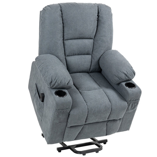 Photo of HOMCOM Oversized Riser and Recliner Chairs for the Elderly, Fabric Upholstered Lift Chair for Living Room with Remote Control, Side Pockets, Cup Holder, Grey in Grey colour on a white background