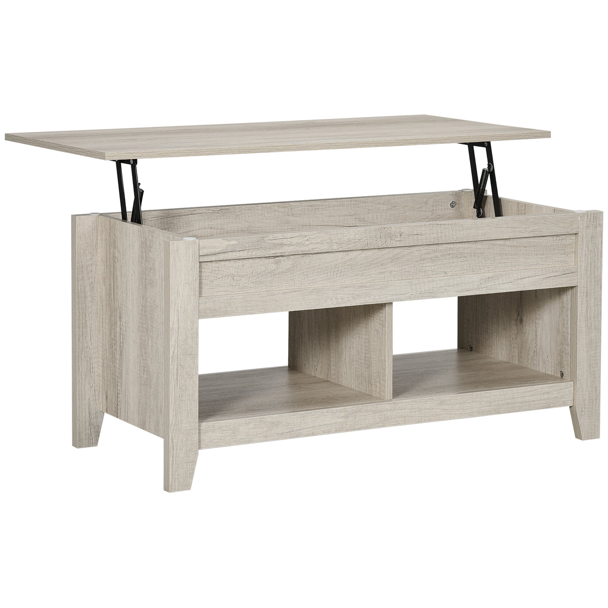 Photo of HOMCOM Lift Top Coffee Table w/ Hidden Storage Compartment Open Shelves Lift Tabletop Pop Up Centre Table for Living Room Oak Effect in Effect colour on a white background