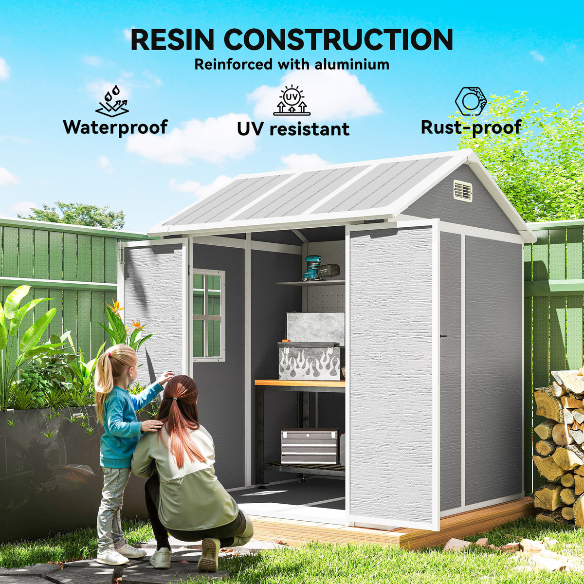Grey resin garden shed with open double doors, shelves and stored items inside