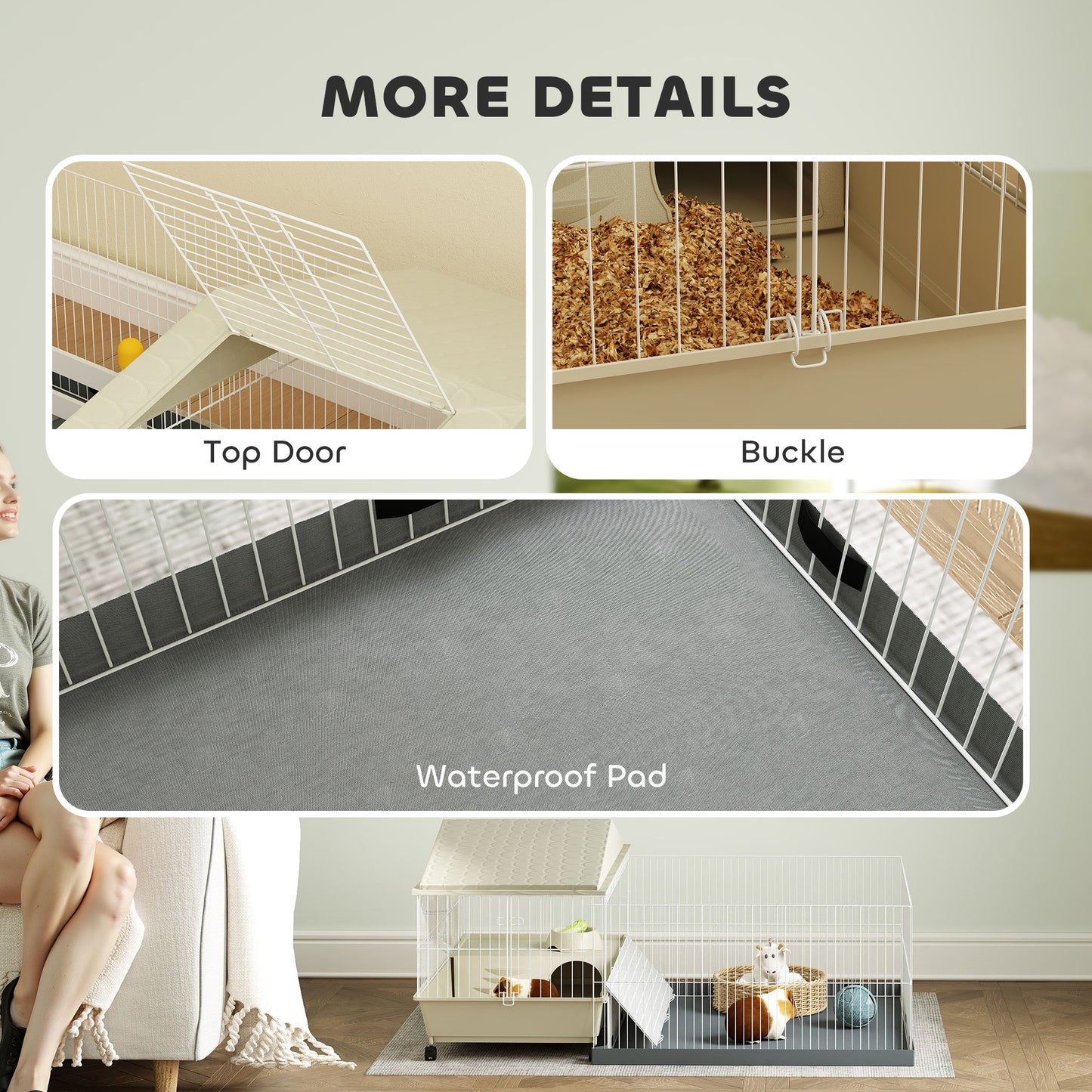 PawHut Small Animal Cage with Removable Pet Playpen, Guinea Pig Cage with Waterproof Pad, Hay Feeder, 108 x 71 x 57cm, Beige