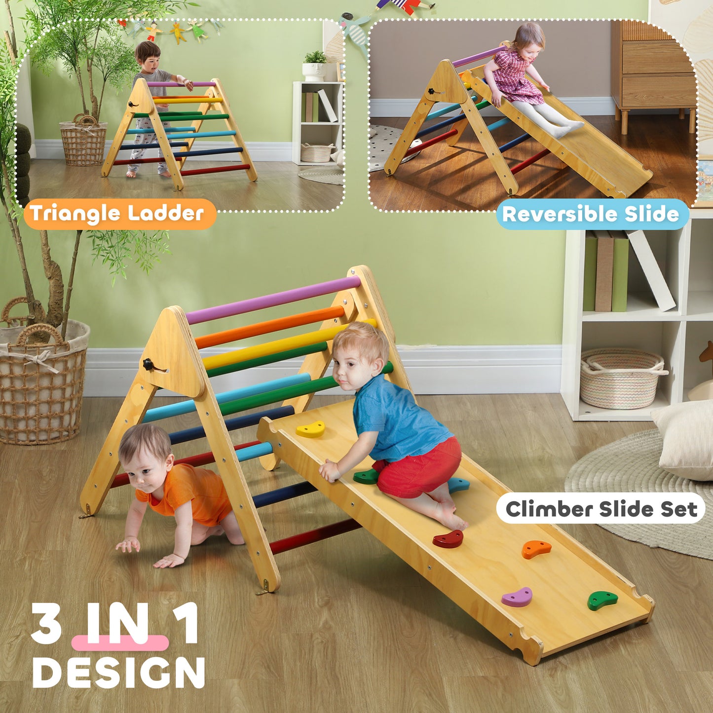 AIYAPLAY Toddler Climbing Frame for Kids, with Ramp, 3-in-1 Wooden Play Triangle Set for 18-48 Months, Multicolour