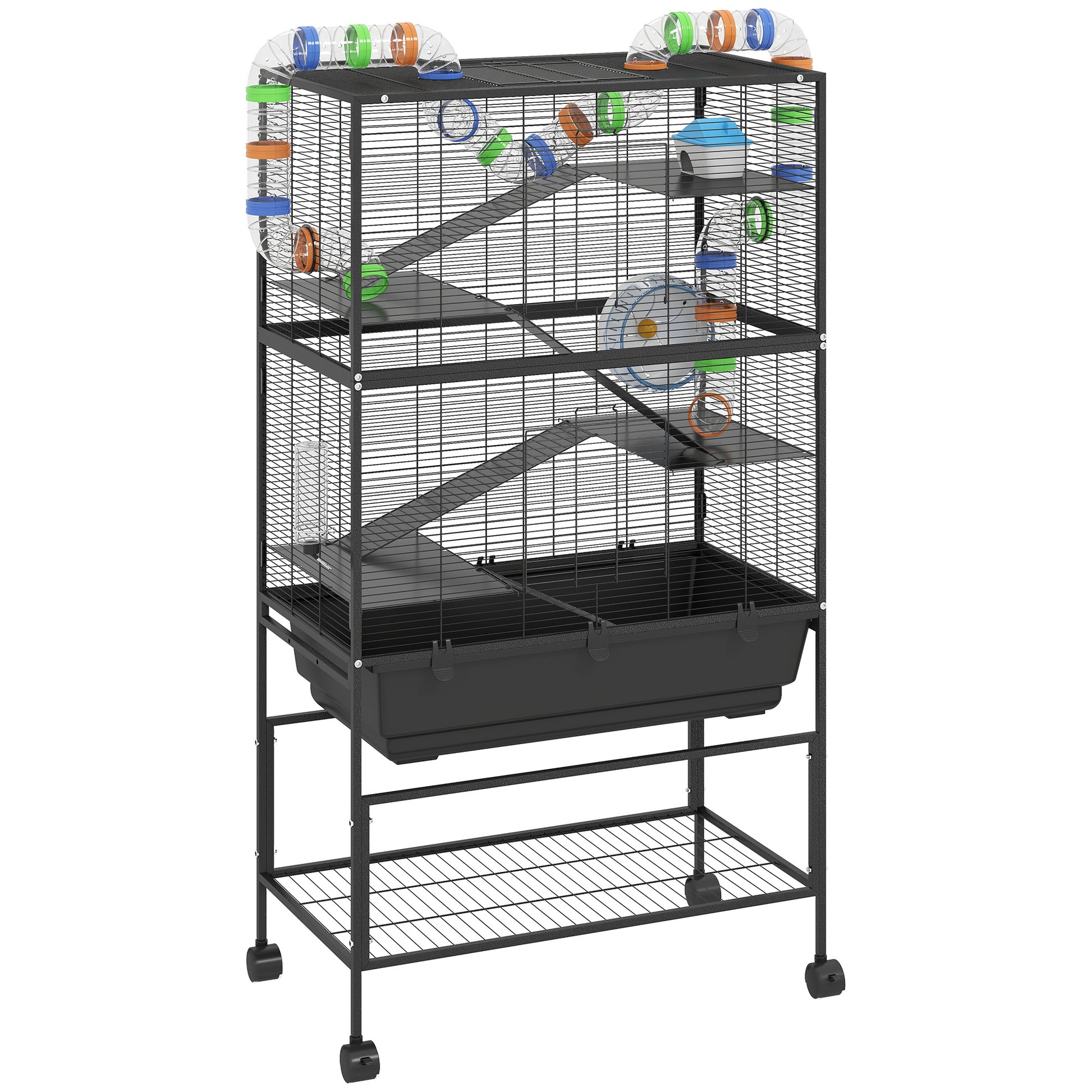 Photo of PawHut 5 Tier Large Hamster Cage on Wheels with 17 cm Deep Tray, Storage Shelf for Syrian, Gerbil, Rats in Rats colour on a white background
