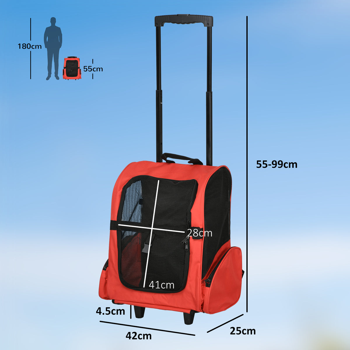 PawHut 2 in 1 Dog Backpack and Trolley, Pet Travel Backpack Cat Dog Carrier with Telescopic Handle, Portable Pet Stroller Wheel Luggage Bag (Red)