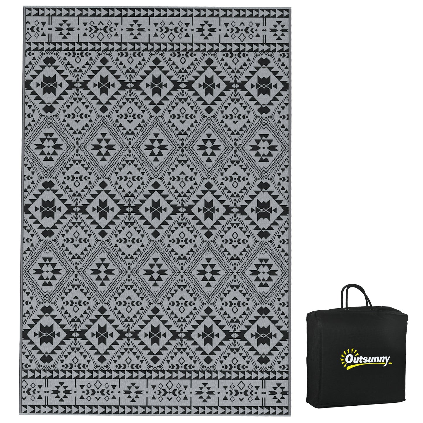 Photo of Outsunny 182 x 274cm Reversible Patterned Outdoor Rug, with Bag - Black/Grey in Black/Grey colour on a white background