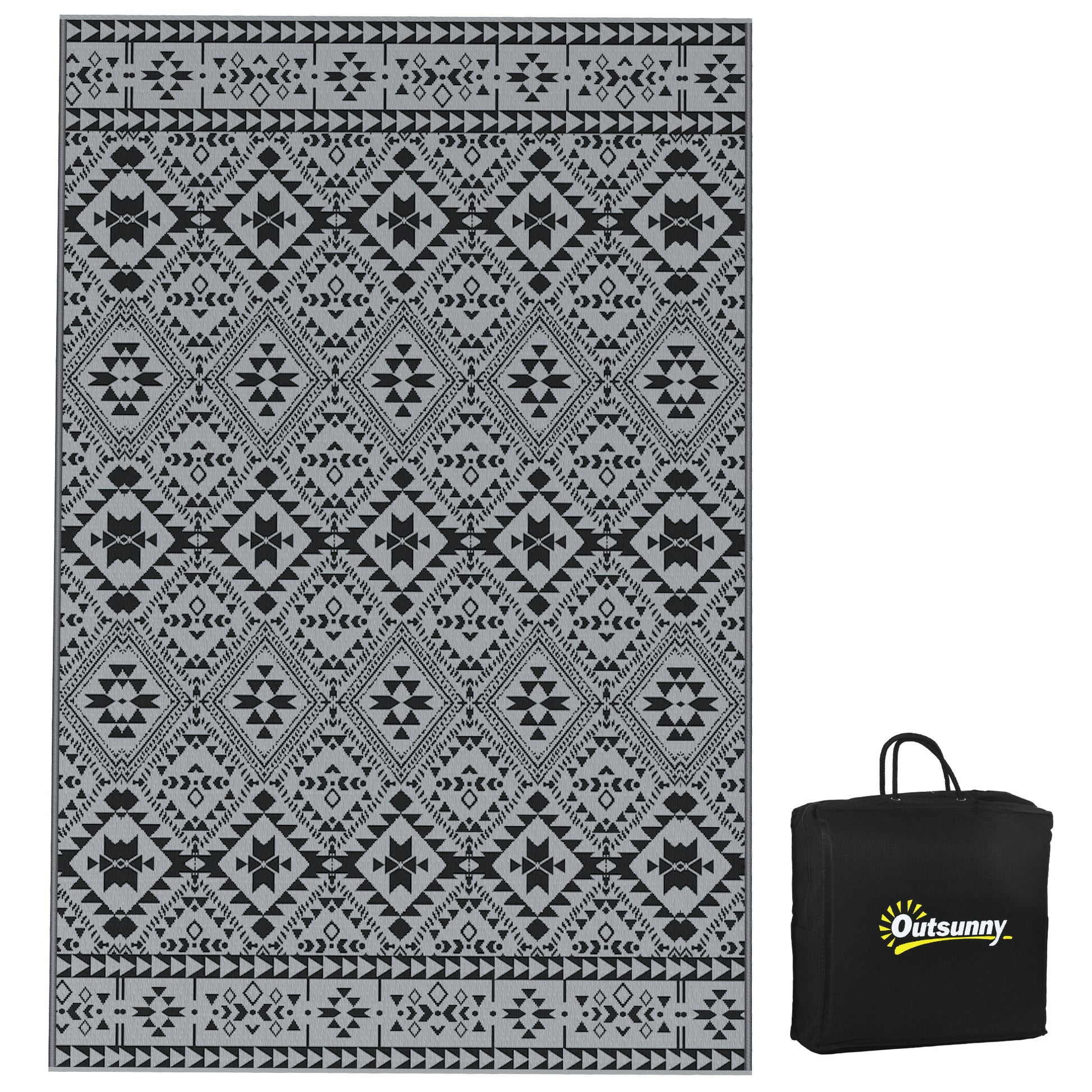 Photo of Outsunny 182 x 274cm Reversible Patterned Outdoor Rug, with Bag - Black/Grey in Black/Grey colour on a white background