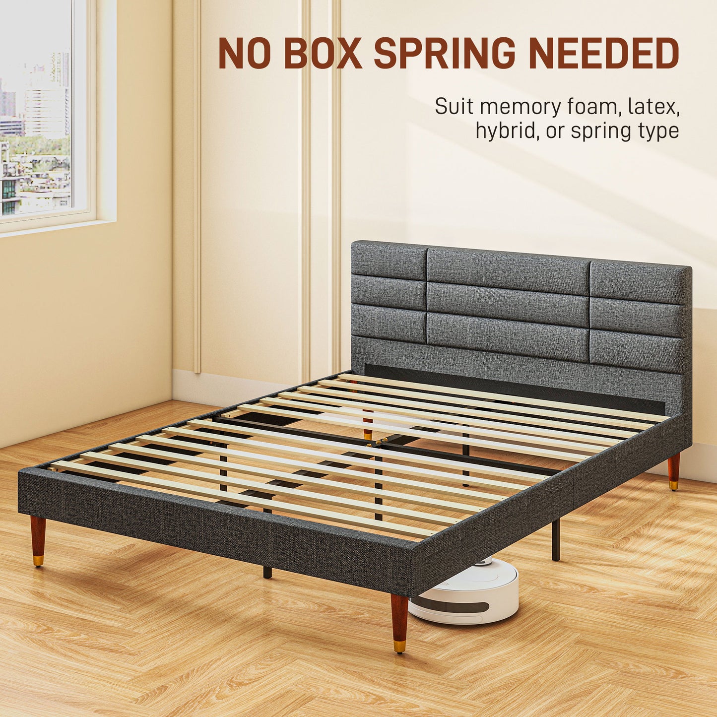 HOMCOM Upholstered King Bed Frame 154W x 206D x 87Hcm with Slats - Grey