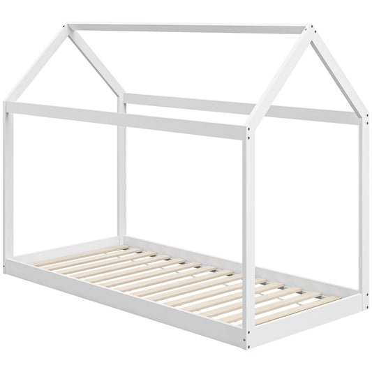 Photo of HOMCOM Single Bed Frame, House Scandinavian Style Wooden Bed Frame for 90W x 190Dcm Mattress, Pine Wood Bed Base, White in White colour on a white background