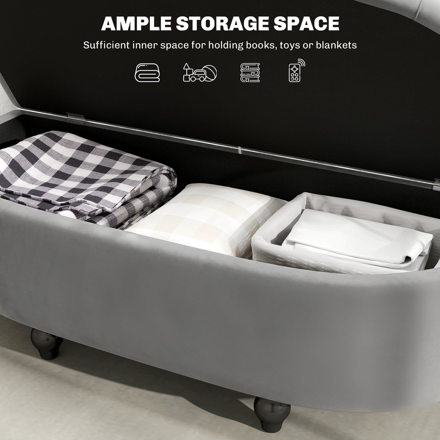 HOMCOM Velvet-Feel Half Circle Storage Ottoman - Dark Grey